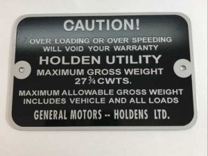 FX 48-215 Holden Ute Gross Weight Tag 27 3/4 CWTS